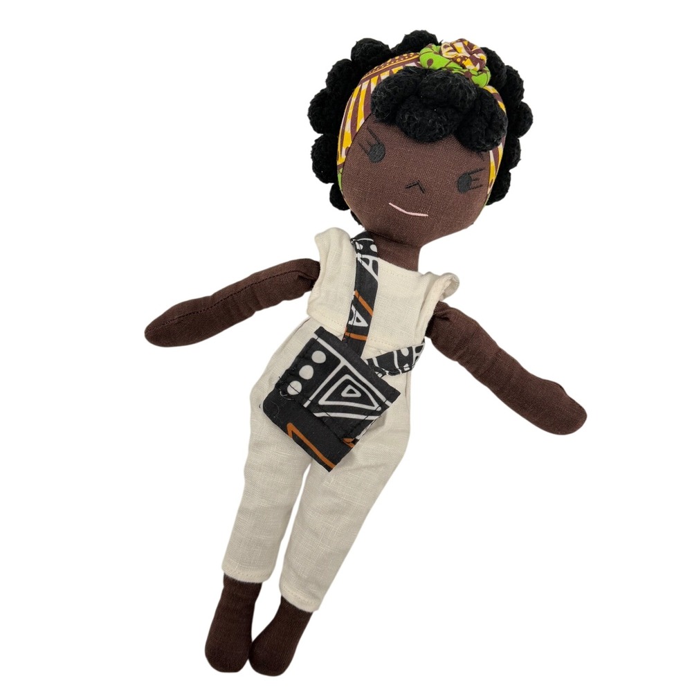 HarperIman Handmade Linen Doll Girl 14" Brown White Jumpsuit African American